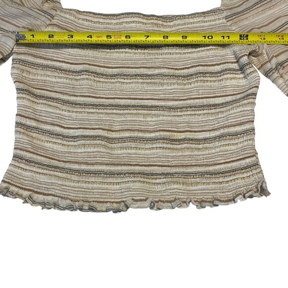 Striped Smocked Square Neck Crop Top With Long Balloon Sleeves In Neutral Stripe - Picture 9 of 13